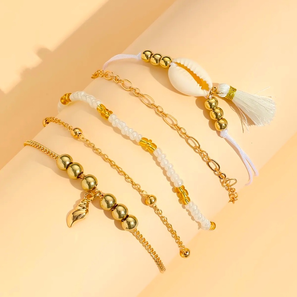 5pc- Rice Bead Shell Multi-layer Anklet Chain Conch Tassel Anklet - Picture 2 of 5